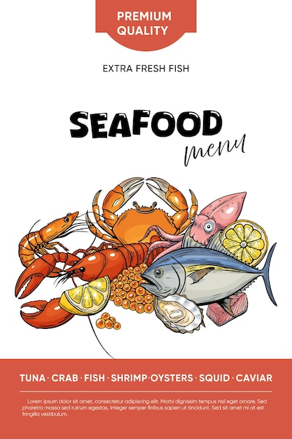 Anúncio de embalagem de cartazes de frutos do mar Vector de gravura de desenho de linha Alimentos desenhados à mão