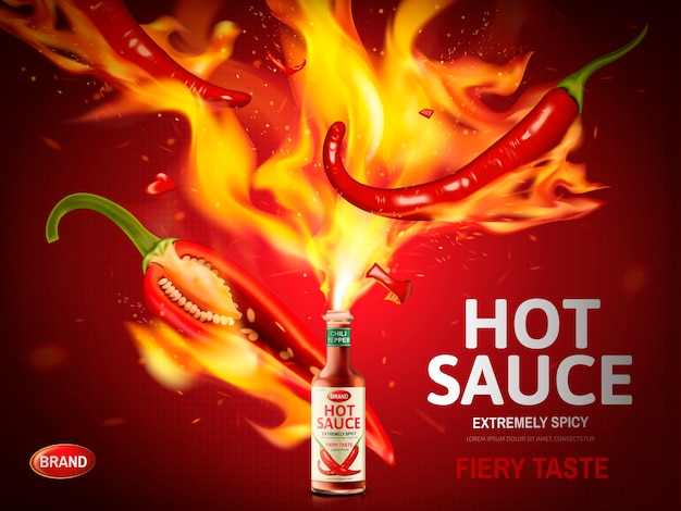 Anúncio de molho picante com pimenta malagueta vermelha e chamas enormes saindo de uma garrafa, fundo vermelho