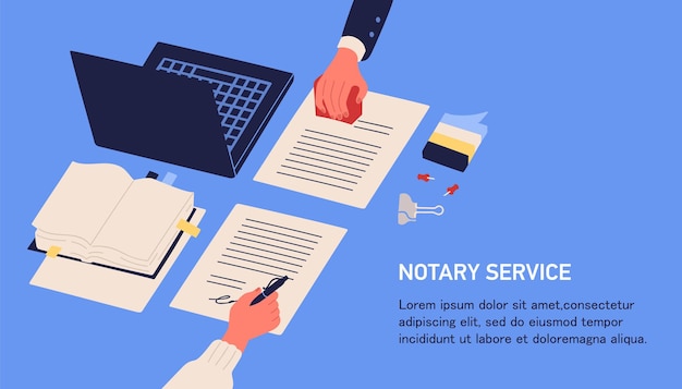 Anúncio de serviço notarial. Banner horizontal da web na cor azul com as mãos testemunhando documentos legais por assinatura e selo ou carimbo e lugar para texto.