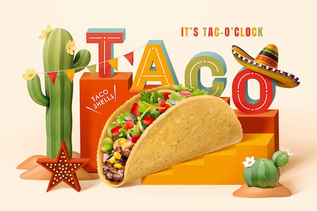 Anúncio de taco 3d com tema do deserto do méxico