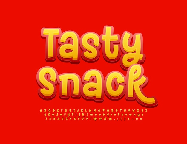 Anúncio de tendência vetorial snack saboroso criativo letras e números do alfabeto de fonte amarela e vermelha