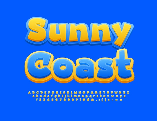 Anúncio de viagens vetorial sunny coast azul e amarelo funky font alfabeto criativo set de letras