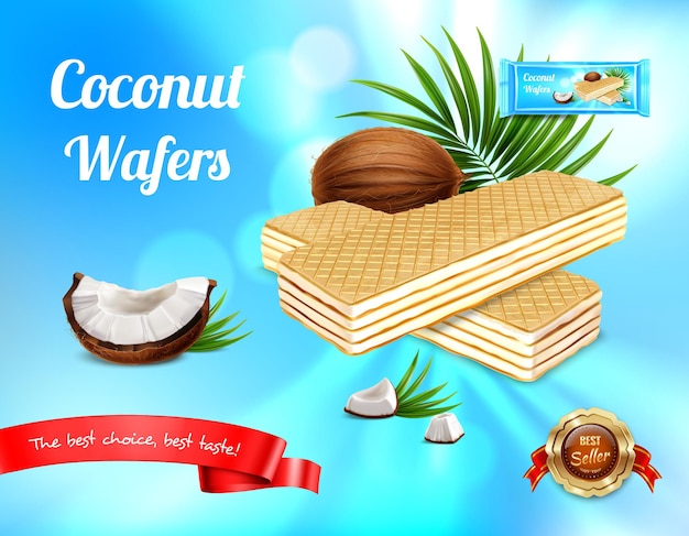 Anúncio realista de wafer com folhas e frutas maduras com waffers e texto editável