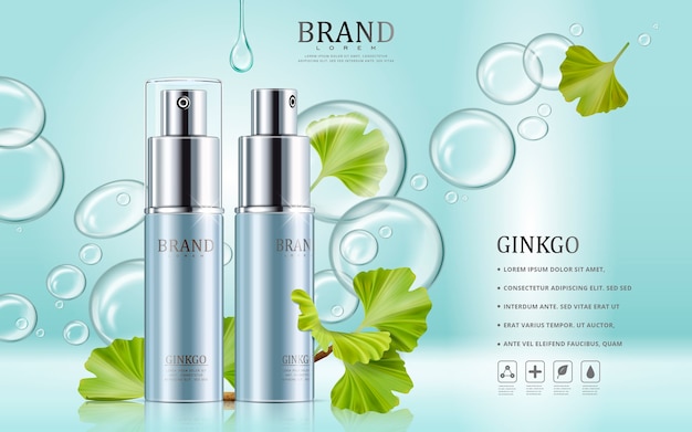 Anúncios de cosméticos ginkgo com frascos de spray azuis