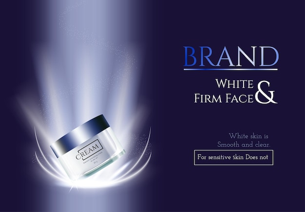 Anúncios de cosméticos para cuidados com a pele em fundo azul escuro e ilustração vetorial de efeitos de luz