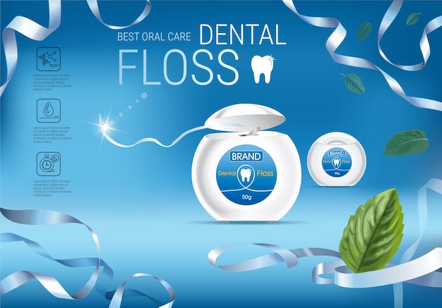 Anúncios de fio dental vector 3d ilustração com fio dental banner horizontal com produto