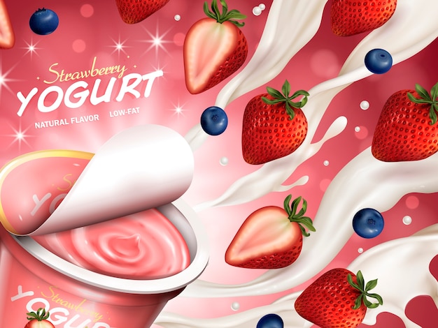 Anúncios de iogurte de frutas, iogurte aberto apetitoso com creme, morango e mirtilo flutuando no ar, ilustração 3d isolada