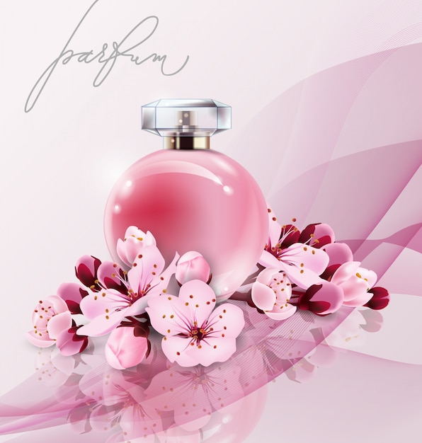 Anúncios de perfume Sakura, perfume de estilo realista em uma garrafa de vidro no fundo rosa com flores de sakura. Ótimo pôster publicitário para promover uma nova fragrância