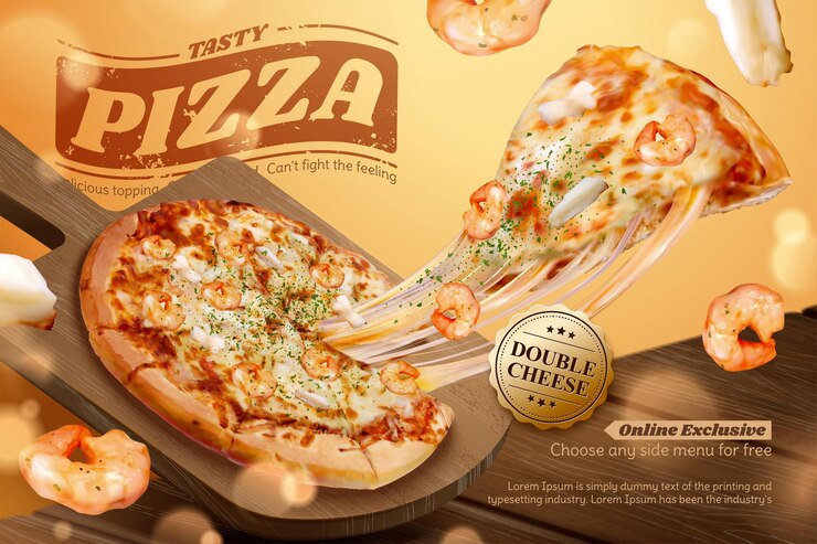 Anúncios de pizza saborosa de frutos do mar com queijo fibroso em ilustração 3D, camarão e ingredientes para anéis de lula