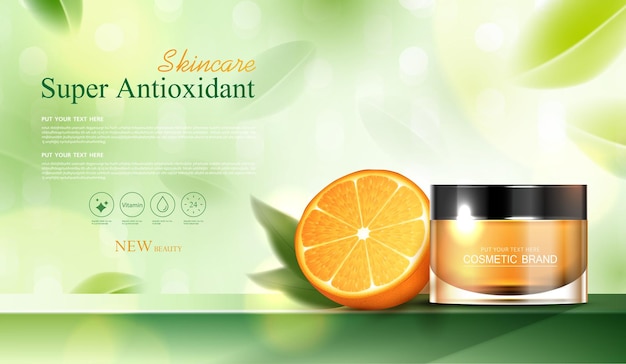 Anúncios de produtos cosméticos, vitamina C ou cuidados com a pele com embalagem realista em garrafa, anúncio de banner para produtos de beleza e design vetorial de fundo laranja