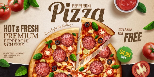 Anúncios em banner de pizza de calabresa em fundo de papel kraft com tomates e folhas de manjericão, perspectiva de vista superior com ilustração 3d