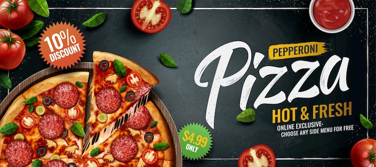 Vetor anúncios em banner de pizza de calabresa no fundo do quadro de giz com tomates e folhas de manjericão, ilustração 3d