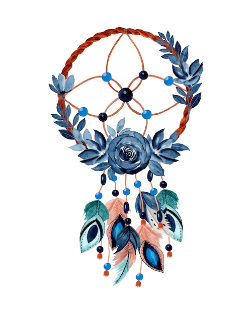 apanhador de sonhos em aquarela com flor azul
