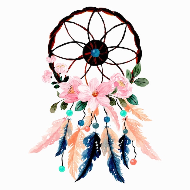 Apanhador de sonhos em aquarela com flor rosa