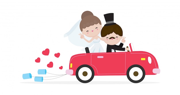 Apenas casal no carro do casamento, noivos em uma viagem no carro após a cerimônia de casamento, desenhos animados casado design de personagens isolado no fundo branco ilustração.