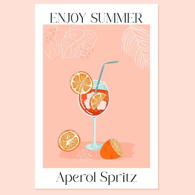 Vetor aperol spritz cocktail glass com bebida de gelo e fatias de laranja poster wit aperitivo italiano de verão