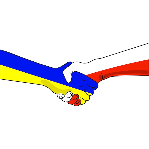 Aperto de mão da ucrânia e da polônia símbolo de cooperação e amizade entre a polônia e a ucrânia