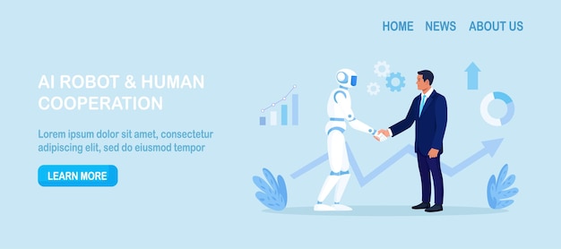Aperto de mão humano e android Contrato com parceria profissional de tecnologia de robô ai Empresário e inteligência artificial apertando as mãos Tecnologia de cooperação futura Inovação avançada
