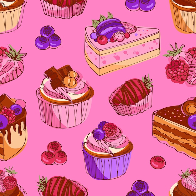 Apetitosos cupcakes e bolos com frutas de chocolate e caramelo ilustração em vetor brilhante padrão moderno em estilo de desenho para impressão de papel de parede em tecido envolvendo menus de livros de receitas de fundo