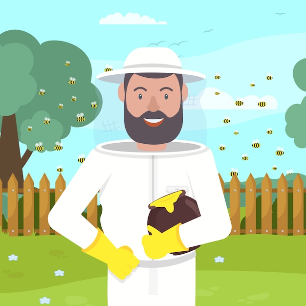 Vetor apiarist em traje de proteção com pote de mel na mão