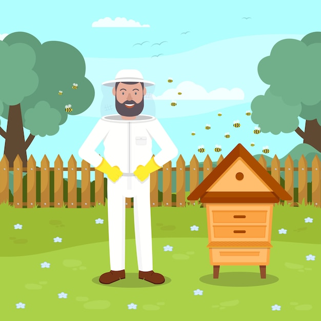 Vetor apicultor em traje de proteção terno perto de colmeia.