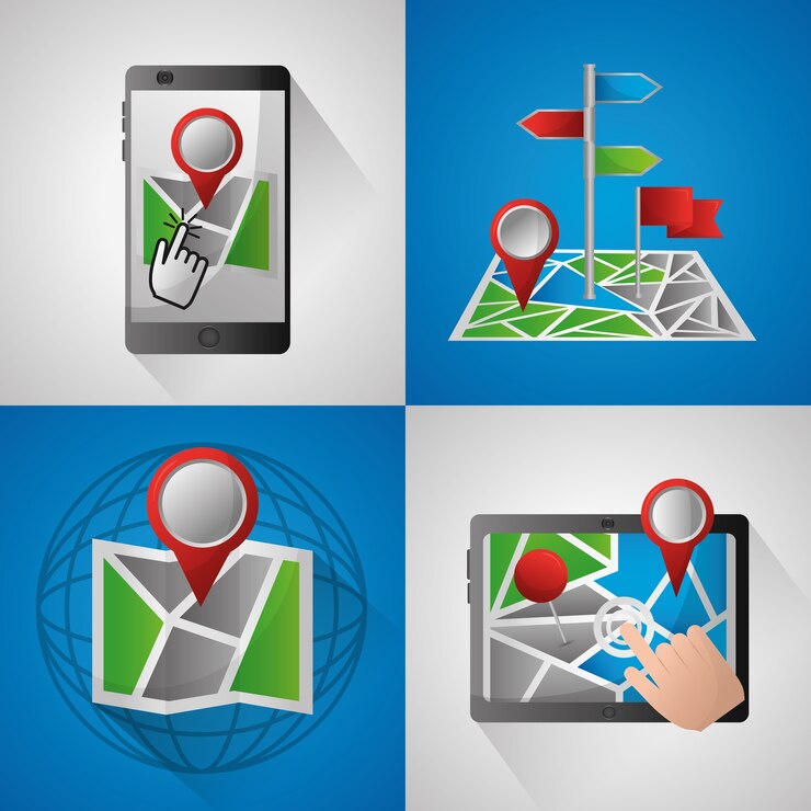 Vetor aplicação de navegação gps tecnologia de banner apontou chegada lugar localização mapas