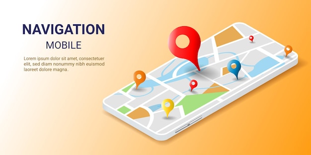 Vetor aplicação de pesquisa para smartphone navegação de mapas mapas e navegação on-line com ponteiro marcador localização de estradas e edifícios em dispositivos móveis mapa do mundo conceito de cidade inteligente isométrica ilustração vetorial 3d