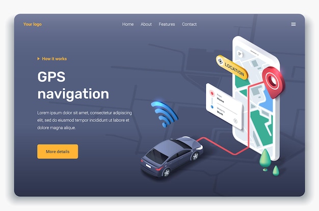 Aplicação isométrica com mapa, carro, pino de localização e gps. modelo de página de destino.