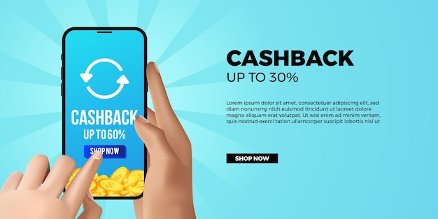 Aplicativo de banner de promoção de cashback com mão 3d segurando e telefone sensível ao toque