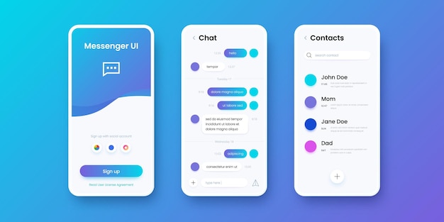 Aplicativo de bate-papo smartphone messenger modelos de interface do usuário do aplicativo de comunicação com telas de entrada de mensagens e contatos coleção de interfaces móveis com botões vetoriais conjuntos de telefones