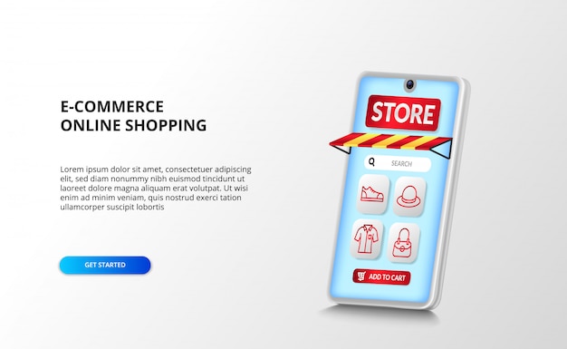 Aplicativo de comércio eletrônico e compras on-line na perspectiva do smartphone 3D com ícone de moda de contorno vermelho