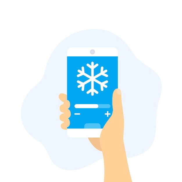 Aplicativo de controle de resfriamento, smartphone na mão, vetor