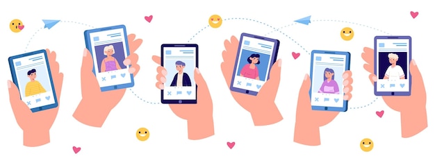 Aplicativo de data de romance online na tela do smartphone Ilustração vetorial conjunto mãos segurando o smartphone comunicação de relacionamento virtual Casal conectando o parceiro de pesquisa no aplicativo