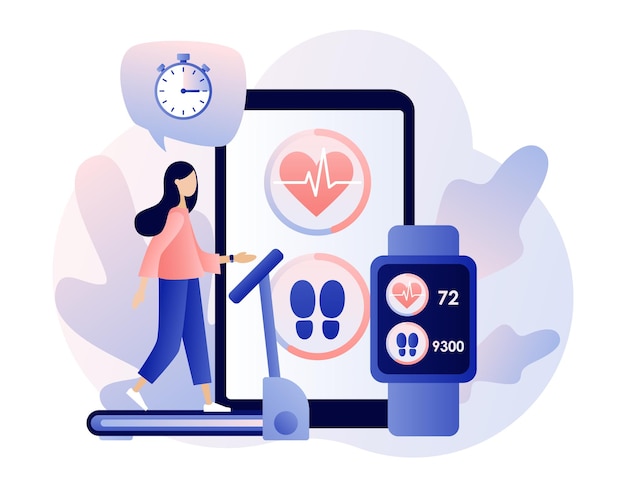 Aplicativo de fitness e tecnologia de aplicativo Smartwatch Treinamento esportivo de garotas minúsculas Mulher correndo na esteira