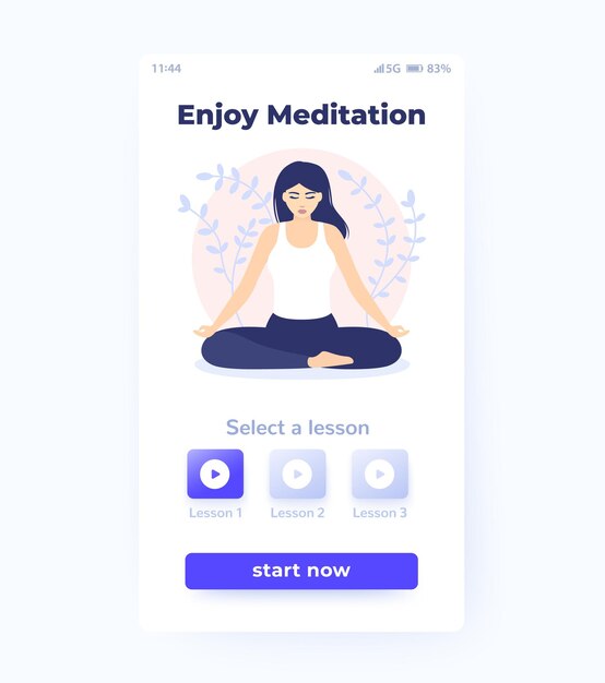 Aplicativo de meditação, design de interface do usuário com ilustração de mulher meditando