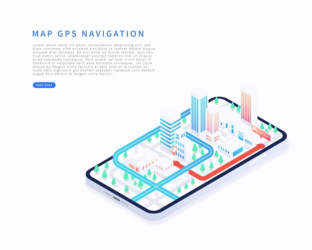 Aplicativo de navegação móvel em ilustração vetorial isométrica plano isométrico da cidade com estradas de edifícios rastreamento gps no smartphone mapa de navegação gps no aplicativo móvel ilustração vetorial