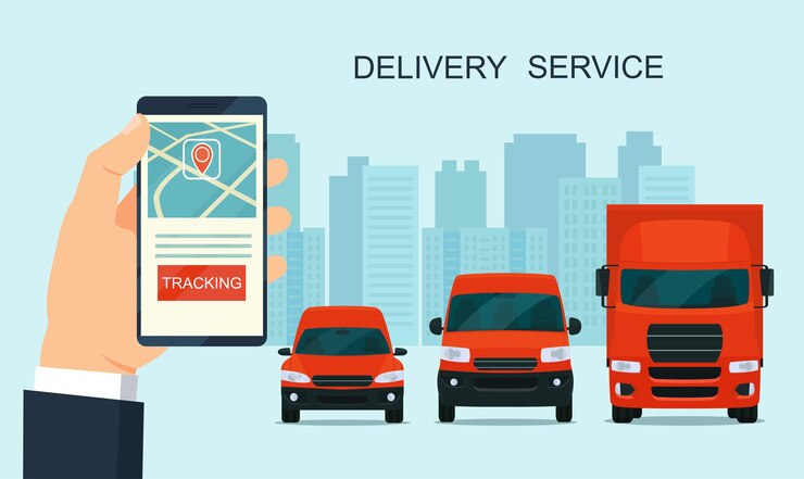 Aplicativo de serviço de entrega no smartphone. Carrinhas e camiões de carga. Rastreando um pedido usando seu smartphone.