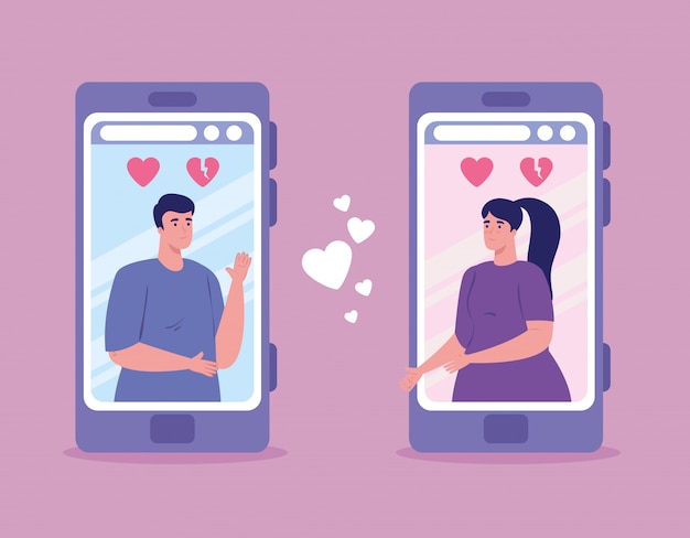 Vetor aplicativo de serviço de namoro online, smartphone com perfis de homem e mulher, pessoas modernas à procura de casal, mídia social, conceito de comunicação de relacionamento virtual