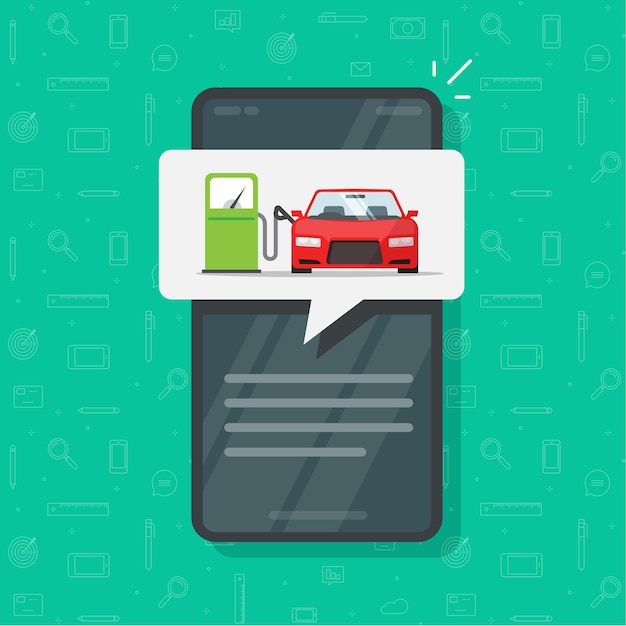 Vetor aplicativo de telefone móvel com carro de reabastecimento de gasolina no aviso de informações do posto de gasolina