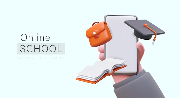 Aplicativo de telefone para ensino à distância O usuário segura um smartphone 3D com acessórios de estudante Hora de estudar Cartaz publicitário para escolas, estúdios, cursos, faculdades com programas on-line