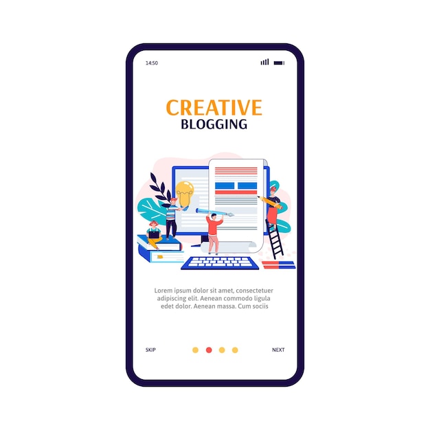 Aplicativo móvel de blog criativo com ilustração vetorial de desenho animado de pessoas