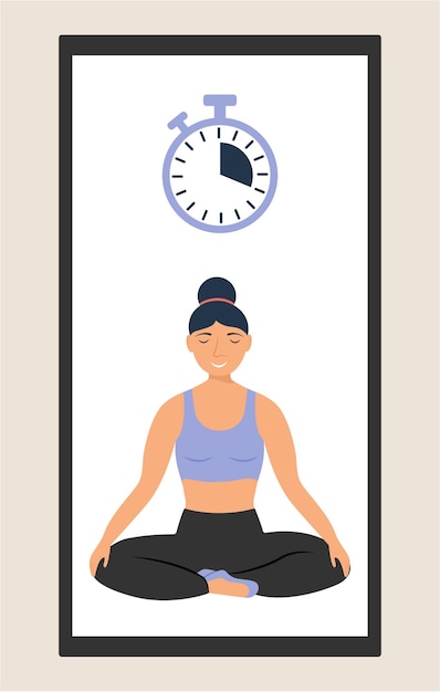 Aplicativo móvel de ioga, cronômetro de exercícios, ioga on-line, garota na posição de lótus