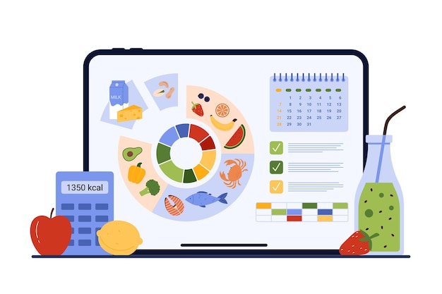 Aplicativo móvel de planejamento de dieta de calendário com gráficos de proteínas e gorduras, carboidratos por setores