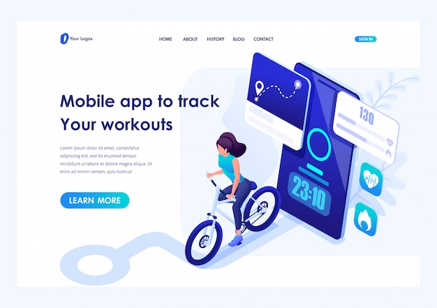 Aplicativo móvel isométrico para rastrear seus treinos, garota correndo. conceito de cabeçalho. página de destino do modelo para o site