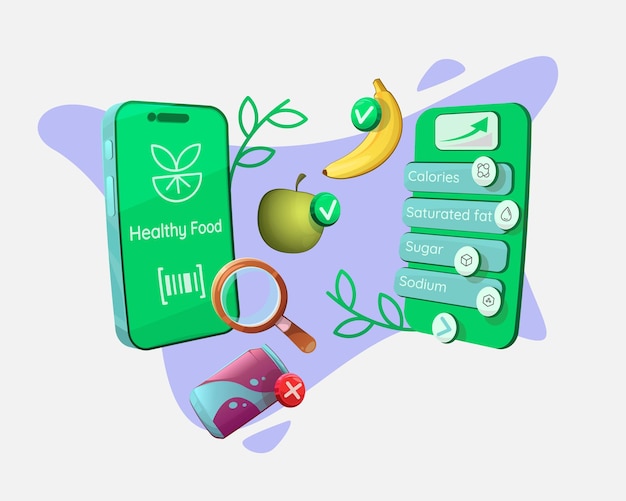 Aplicativo móvel para analisar produtos alimentares com base em seu conteúdo e ingredientes Aplicativo mobile para smartphone ecrã de lúpula de refrigerante de frutas Modelo para publicidade banner de aterrissagem desenho animado vetorial