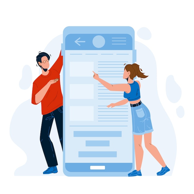 Aplicativo móvel usando o vetor do homem e da mulher. Menino e menina usam aplicativos de telefone. Personagens Clique em Software de Tela de Smartphone, App Tecnologia Eletrônica Flat Cartoon Illustration