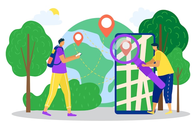 Vetor aplicativo online com mapa, aplicativo móvel com ícone de localização, ilustração vetorial, conceito de serviço de smartphone de uso de personagem de homem.