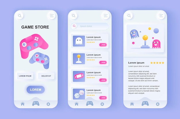 Vetor aplicativo para dispositivos móveis de interface do usuário de design neumorfo da loja de jogos