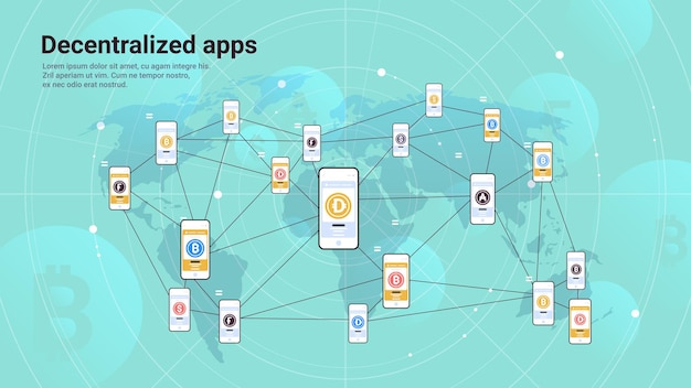 Vetor aplicativos descentralizados de defi em telas de smartphone, criptomoeda e conceito de tecnologia blockchain, cópia horizontal, espaço vetorial, ilustração