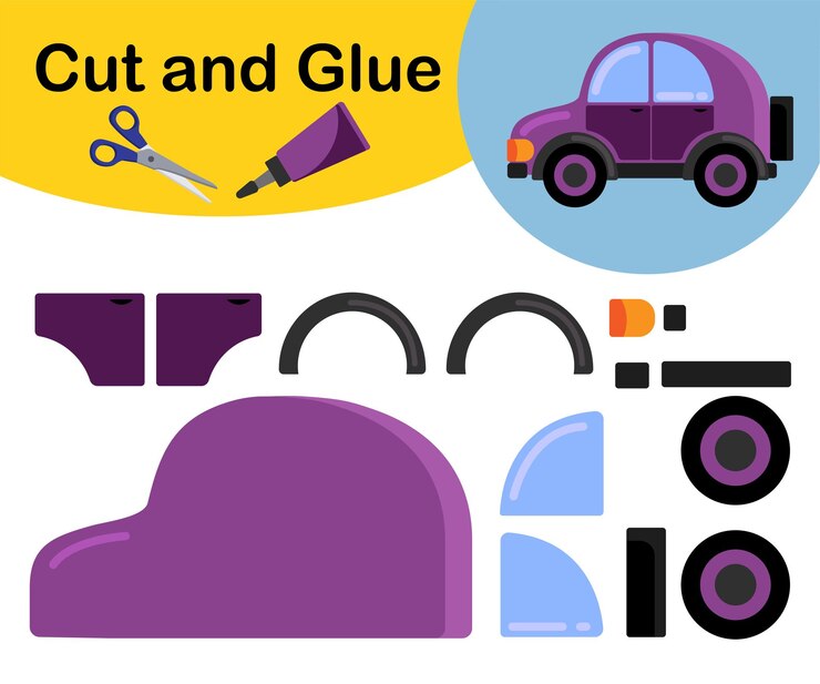 Vetor aplique de carro roxo para crianças corte e cole. estilo cartoon isolado no branco